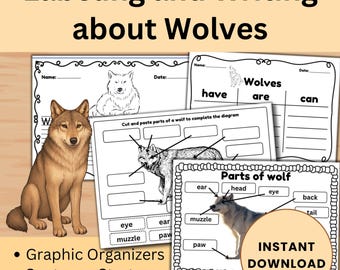 May include: Educational printable worksheets about wolves. The image shows worksheets with the title "Labeling and Writing about Wolves". The worksheets include diagrams, labeling exercises, and sentence starters. The image also includes a realistic illustration of a wolf.