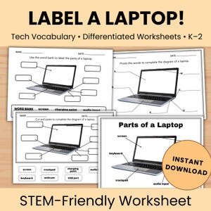 Etichettatura delle parti di un laptop • Foglio di lavoro tecnico stampabile per bambini • Attività al computer