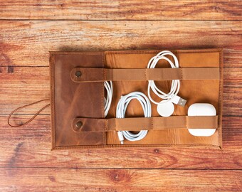 Personalized Full Grain Leather Cable Organizer: Cord Keeper Travel Case