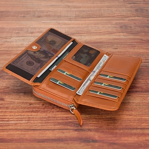 Leren portemonnee, damescadeau, lichtbruin leren visitekaartjeskoker, creditcardhouder, gepersonaliseerde portemonnee, handgemaakt verjaardagscadeau, cadeau op maat