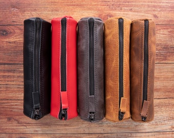 Full Grain Leather Pencil Case: Personalized Zipper Pen & Cosmetic Bag