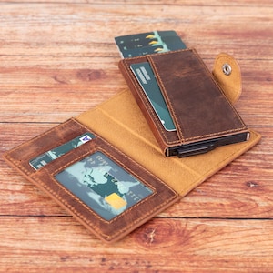 Mécanisme de porte-cartes, Mini porte-cartes, Fente pour carte avec blocage RFID, Portefeuille, Étui portefeuille pop-up fait main en cuir pleine fleur, Cadeau de mariage
