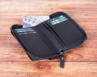Personalized Leather Zip Wallet: Handmade Bifold Card Holder