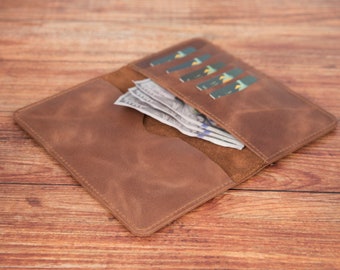 Personalized Leather Phone Wallet: Handmade Brown Credit Card Holder
