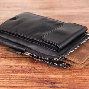 Cartera personalizada, bolso de hombro de cuero negro, funda de cuero para iPhone, cartera crossbody, funda para tarjeta de crédito, funda para teléfono Samsung, cartera para hombre
