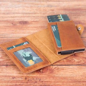 Portefeuille en cuir pour cartes de crédit, Porte-cartes de visite, Portefeuille fin en cuir, Porte-cartes en cuir à mécanisme, Portefeuille gravé personnalisé, Cadeau d'anniversaire