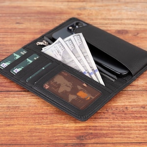 Handgemaakte volnerf lederen portemonnee, gepersonaliseerde telefoonhoes, creditcardportemonnee, visitekaartjeshouder, zwart lederen portemonnee met rits, cadeau