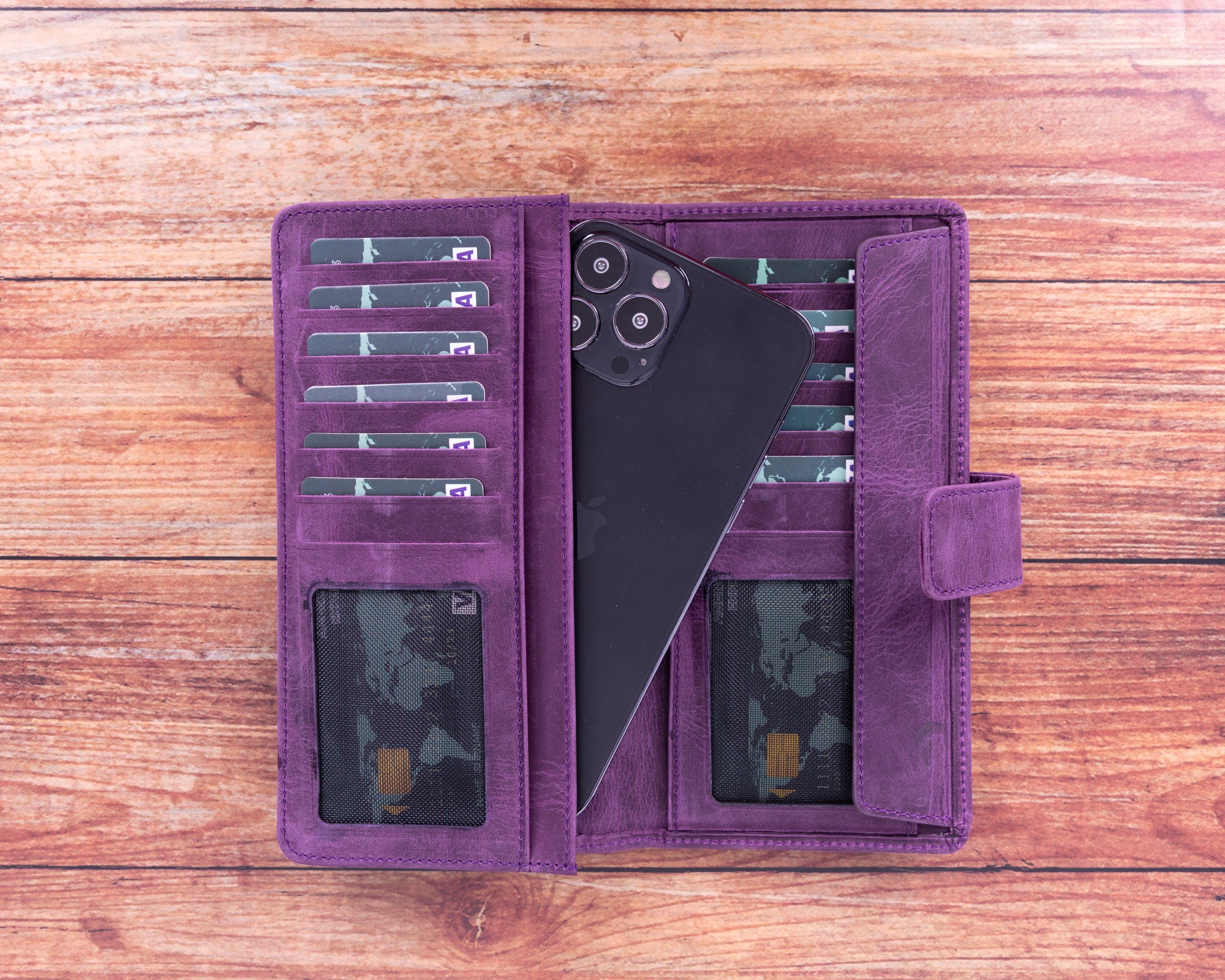 Full Grain Leather Wallet, Purple Leather Wallet, Customized Card