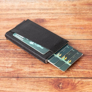 Tarjetero de cuero, Cartera de cuero negro, Cartera de mecanismo para novio, Estuche para tarjetas de crédito, Tarjetero de visita, Cartera de cuero delgada, Regalo