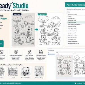 Könnte beinhalten: ColorReady Studio Software-Oberfläche zur Optimierung von Malvorlagen. Der Bildschirm zeigt einen Vorher-Nachher-Vergleich einer Cartoon-Tierszene, ein Menü zur Auswahl von Voreinstellungen und verschiedene Regler zur Bildbearbeitung.