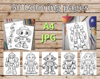 50 lindas páginas para colorear de robots para niños - Descarga digital imprimible