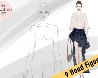 Fashion figure croquis template, 9 head figure template, PNG template, standing model with bag in hand