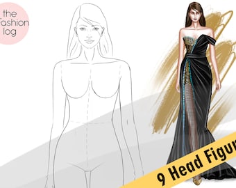 Female figure template, 9 head figure template, PNG template, walking model