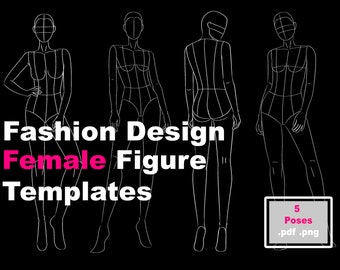 Sjablonen voor vrouwelijke figuren voor mode-illustraties | Croquis met 5 verschillende vrouwelijke poses voor het tekenen van damesmode-ontwerpstijlen