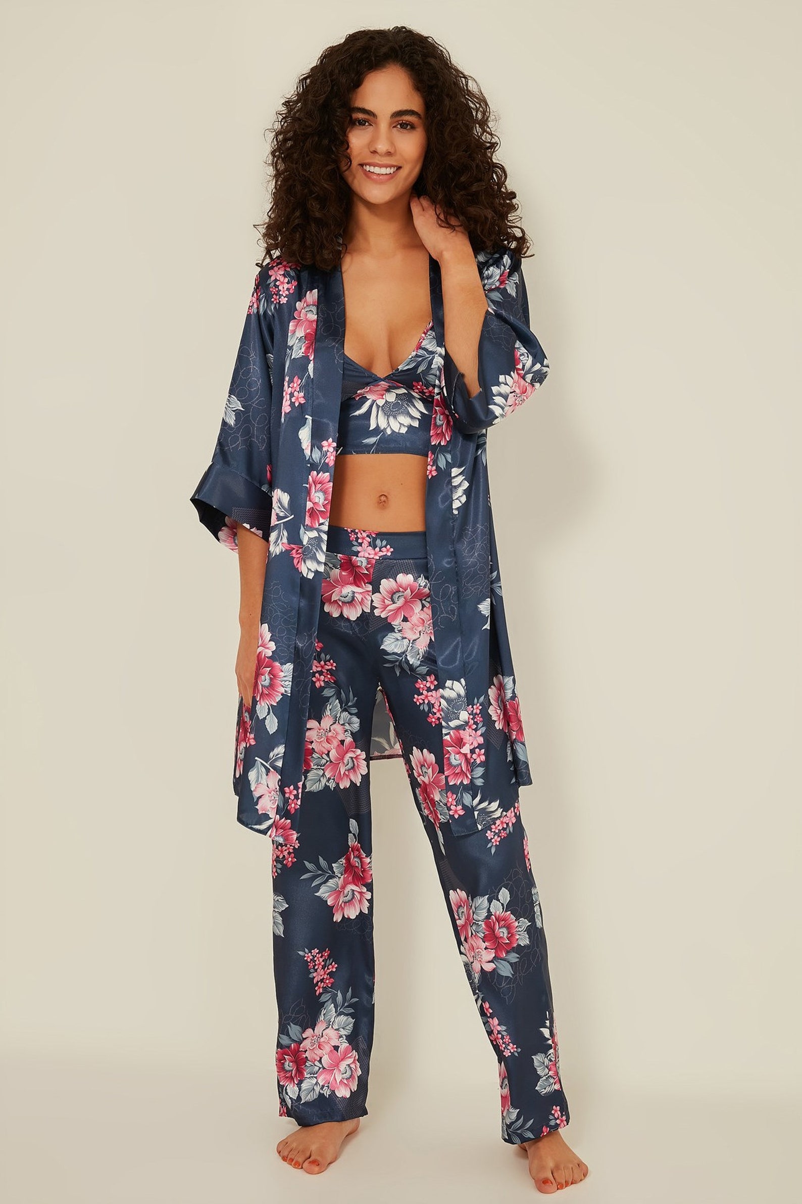 Women's Patterned Satin 3Piece Pajamas Set Indigo /Pajama Etsy