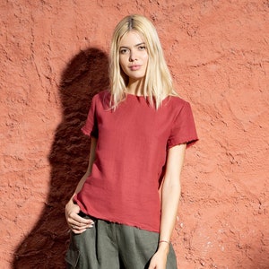 Linen Top With Short Sleeves and Frayed Edges ROME / Linen Top / Red Linen Top / White Linen Top image 1