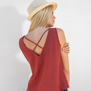 Linen Sleeveless Top With Open Back With Straps MADRID / Linen Top / Red Linen Top / Linen Cami image 1