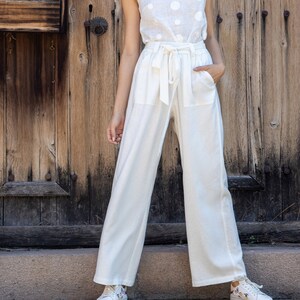 Long Wide-Leg Linen Trousers With Detachable Belt / Linen Pants High Waist / Linen Pants with Pockets image 1