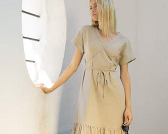 Linen Midi Dress With Low Tiered Hem And Tie-Around Belt MYKONOS / Summer Linen Dress / Midi Linen Dress