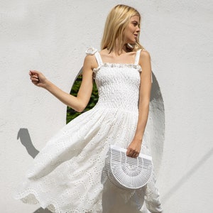 Santorini Broderie Anglaise Cotton Midi Dress With Scalloped Hem / White Summer Dress image 2