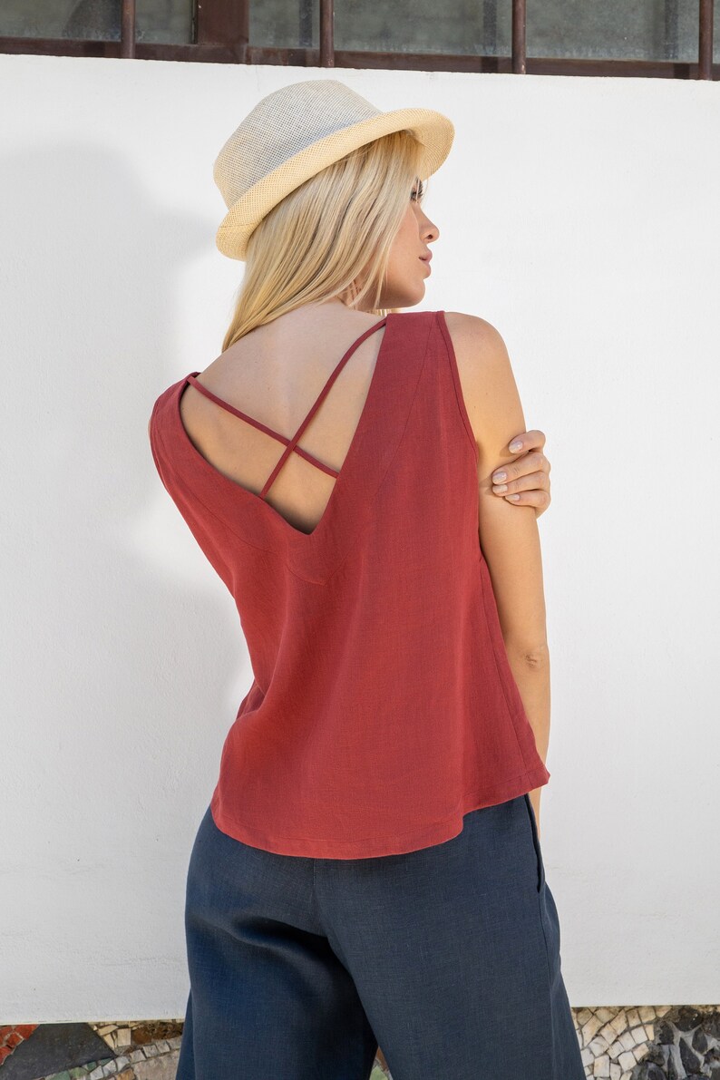 Linen Sleeveless Top With Open Back With Straps MADRID / Linen Top / Red Linen Top / Linen Cami image 1