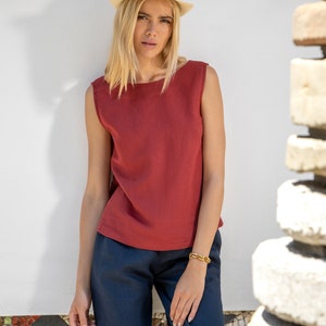 Linen Sleeveless Top With Open Back With Straps MADRID / Linen Top / Red Linen Top / Linen Cami image 4