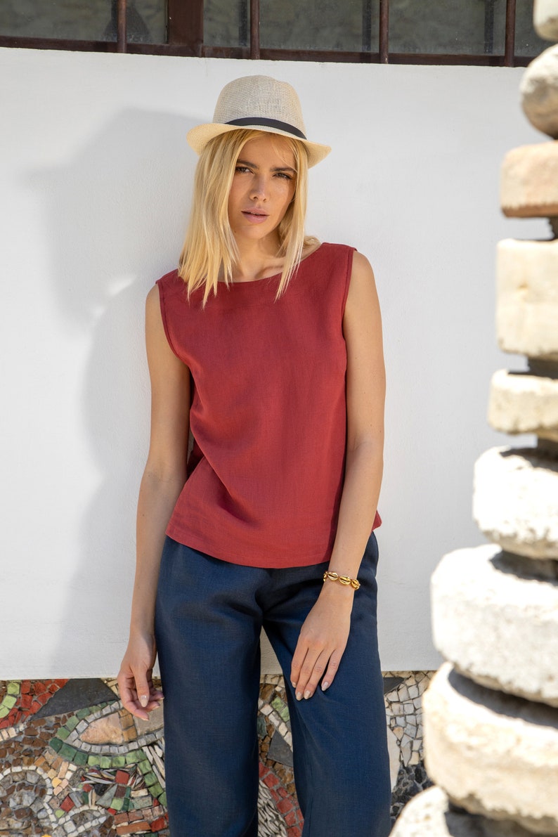 Linen Sleeveless Top With Open Back With Straps MADRID / Linen Top / Red Linen Top / Linen Cami image 4