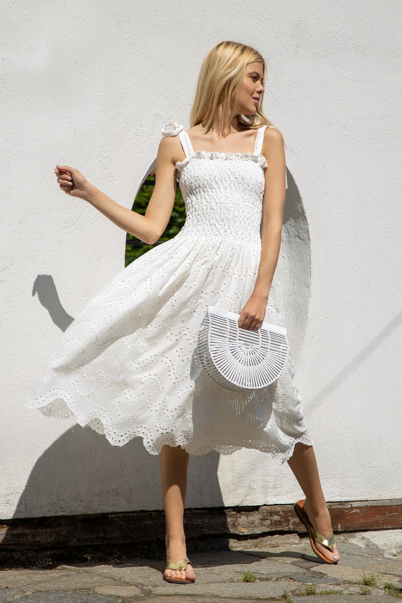 Santorini Broderie Anglaise Cotton Midi Dress With Scalloped Hem / White Summer Dress image 2