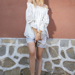 Off-the-shoulder broderie anglaise cotton top PORTOFINO / White Cotton Blouse / Broderie anglaise top image 3