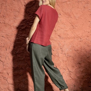 Linen Top With Short Sleeves and Frayed Edges ROME / Linen Top / Red Linen Top / White Linen Top image 2