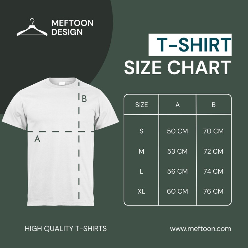 Może przedstawiać: Biały t-shirt z wymiarami dla rozmiar&oacute;w S, M, L i XL. Tabela pokazuje szerokość (A) i długość (B) koszulki w centymetrach. Tabela rozmiar&oacute;w koszulki.