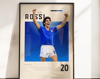 Paolo Rossi Italien Poster | Rossi Fotbollslegend | Italiens världsmästare 1982 Väggkonst | Retro fotbollskonsttryck | Gåva Italien A3 A4
