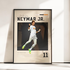 Póster Vibraciones retro de Neymar Jr. | Leyenda del fútbol | Tamaños A3 y A4 | Marco negro opcional | Impresión fotográfica de alta calidad