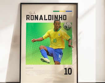 Ronaldinho Brasilien-affisch | Ronaldinho fotbollslegend | Brasilien VM 2002 väggkonst | Retro konsttryck | Present till fotbollsfans A3 A4