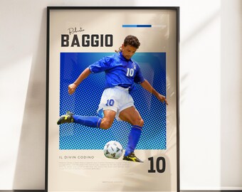 Roberto Baggio Italien Poster | Il Divin Codino Fotbollslegend | Väggkonst med Italiens landslag | Retro fotbollskonsttryck | A3 A4