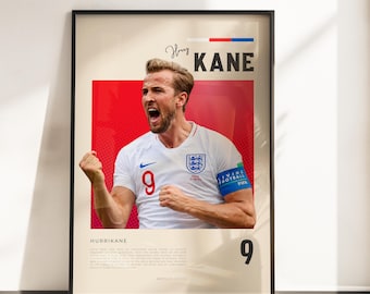 Harry Kane England-affisch | Väggkonst för Englands landslag i fotboll | Konsttryck med tre lejon | Present till Englands fans | A3 A4