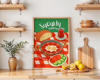 Retro Sucuklu Yumurta Poster | Vintage Kitchen Art Print | Gallery Wall Art Print | Retro Kitchen Decor | Printable Wall Decor | Sucuk with Egg