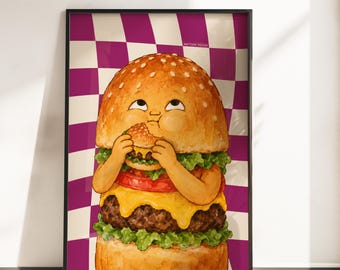 Lustiges Burger Poster Küche | Burger Wandbild | Fast Food Deko | Food Art Poster | Geschenk für Burger Fans | A3 A4 | Witzige Küchen Poster