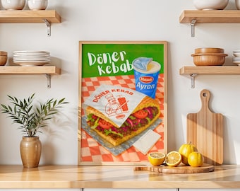 Pôster retrô de Doner Kebab | Impressão artística vintage para cozinha | Impressão artística para parede de galeria | Decoração retrô para cozinha | Decoração de parede para imprimir | Doner com Ayran
