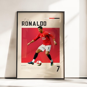 Póster Vibraciones retro de Cristiano Ronaldo | Leyenda de Manchester | Tamaños A3 y A4 | Marco negro opcional | Impresión fotográfica de alta calidad