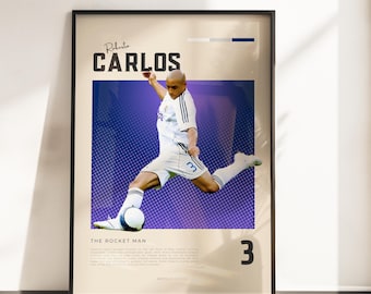 Roberto Carlos Real Madrid-affisch | Väggkonst med fotbollslegend | Galacticos retro fotbollskonsttryck | Present till Madrid-fans | A3 A4