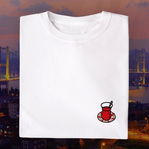 Unique Cay Turkish Tea T-Shirt - Çay - Tea Glass - Embroidered Organic Cotton T-Shirt - Funny Gift - Cay Bardagi - Unisex