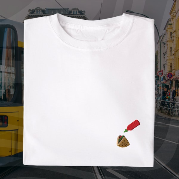 Minimalist Doner Kebab with Sriracha Tshirt - Kreuzberg - Berlin- Embroidered Organic Cotton Tshirt - Funny Gift - Doner Everything