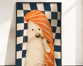 Lustiges Sushi Poster Küche | Lachs Nigiri Wandbild | Japanische Küche Deko | Food Art Poster | Geschenk für Sushi Fans | A3 A4
