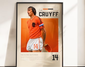 Johan Cruyff Holland Poster | Cruyff Fußball Legende | Niederlande Nummer 14 Wandbild | Oranje Retro Kunstdruck | Geschenk Fußballfans A3 A4