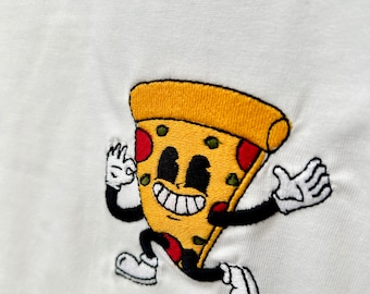 Niepowtarzalna koszulka z kreskówkową pizzą - Kawałek pizzy - Haftowana koszulka z organicznej bawełny - Zabawny prezent - Kreskówka z pizzą - Unisex