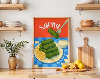 Retro Sarma Poster | Vintage Kitchen Art Print | Gallery Wall Art Print | Retro Kitchen Decor | Printable Wall Decor | Grape Leaves