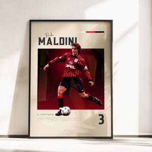 Póster Vibraciones retro de Paolo Maldini | Leyenda de Milán | Tamaños A3 y A4 | Marco negro opcional | Impresión fotográfica de alta calidad