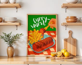Retro Currywurst Poster | Vintage Kitchen Art Print | Gallery Wall Art Print | Retro Kitchen Decor | Printable Wall Decor | Currywurst and Fries