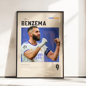 Póster Retro Vibes de Benzema | Leyenda del Real Madrid | Tamaños A3 y A4 | Marco negro opcional | Impresión fotográfica de alta calidad